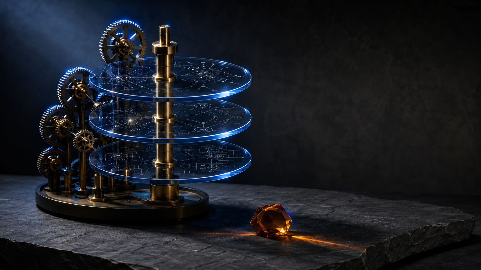 A luminous neural-network rendering of an artificial intelligence model — interconnected cobalt nodes radiating from a central core.