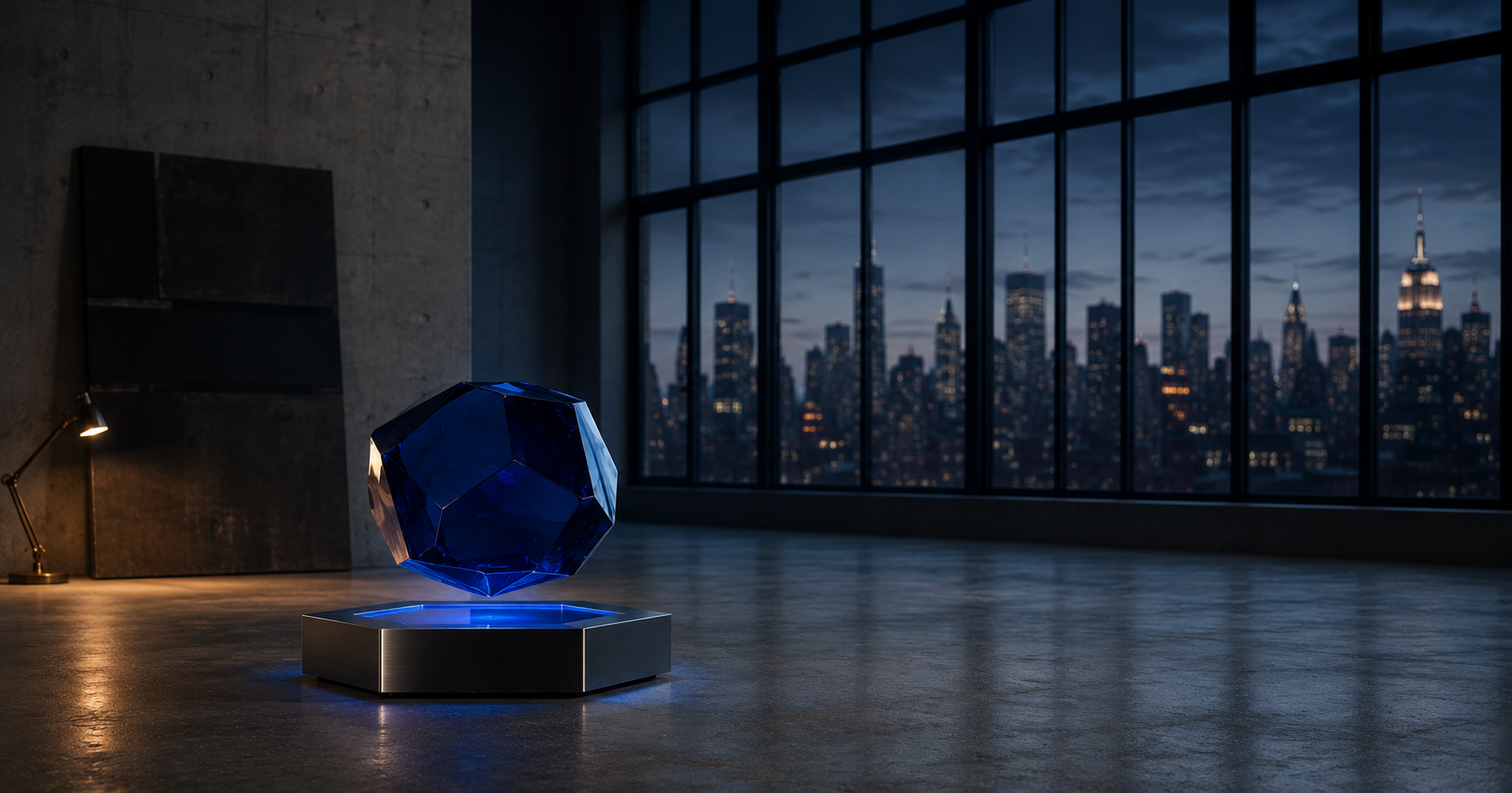 A custom-engineered glass form rises from a precision-machined base inside an IKRC workspace at blue hour, the Manhattan skyline visible through factory windows.